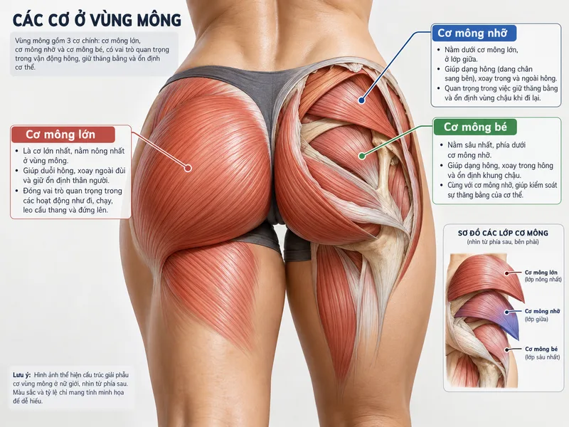 Cơ mông lớn, mông nhỡ và mông bé hỗ trợ vận động và ổn định hông.