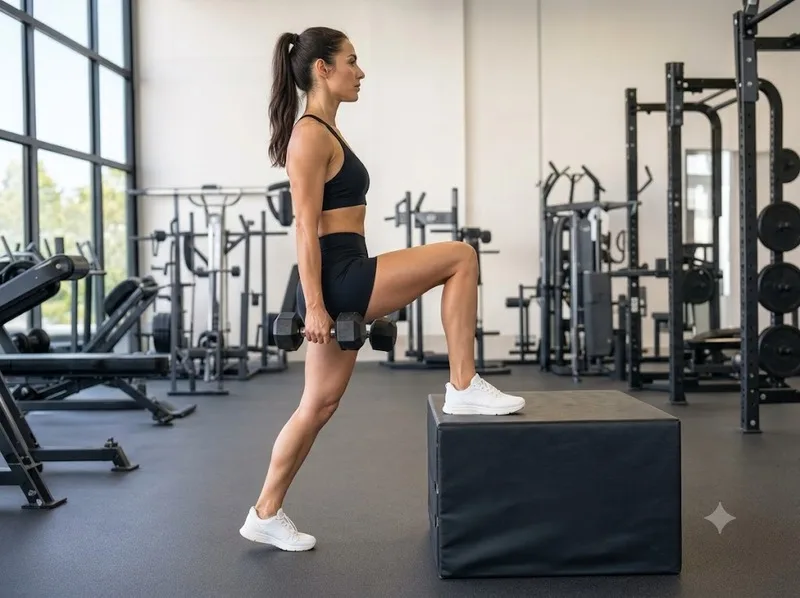 Step-up giúp rèn cơ mông và khả năng thăng bằng khi bước lên bục.
