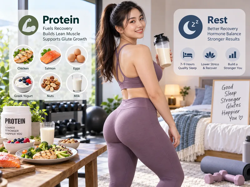 Ăn đủ đạm, ngủ đủ giấc giúp hỗ trợ phục hồi và phát triển cơ mông.